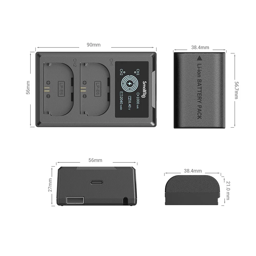 SmallRig LP-EBNH Rechargeable Replacement Battery (2-Pack) 7.2V 2040mAh with 5V USB Type C Dual Battery Charger Kit for Canon EOS R6, EOS R, EOS RS, EOS 6D, EOS 80D, EOS 70D, EOS 6D Mark II, EOS 90D, EOS 5D Mark III/IV DSLR Cameras | 3821