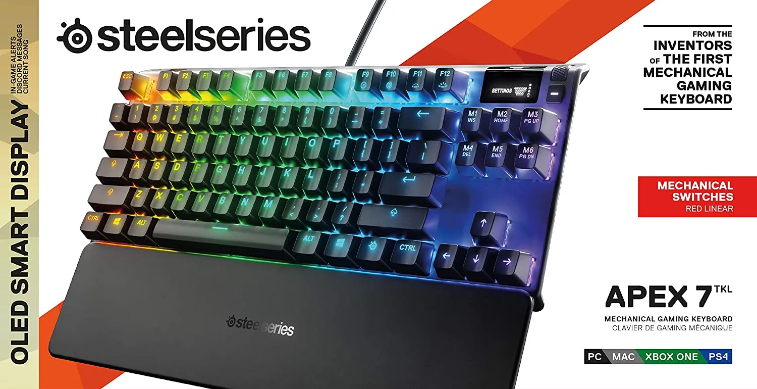 SteelSeries Keyboard Apex 7 TKL Compact Mechanical Gaming Keyboard – OLED Smart Display – USB Passthrough and Media Controls – Linear and Quiet – RGB Backlit (Red Switch)