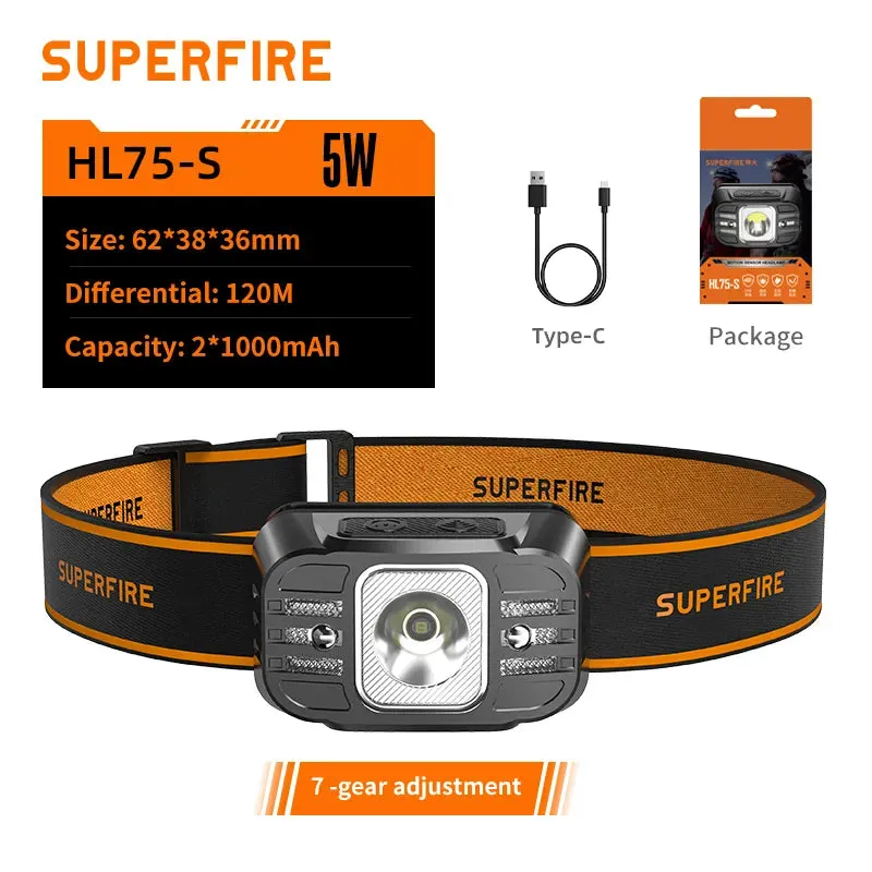 SuperFire rechargeable led headlamp Portable headlight head flashlight HL75-X Type-C Fishing Induction 7 Modes Lighting Night