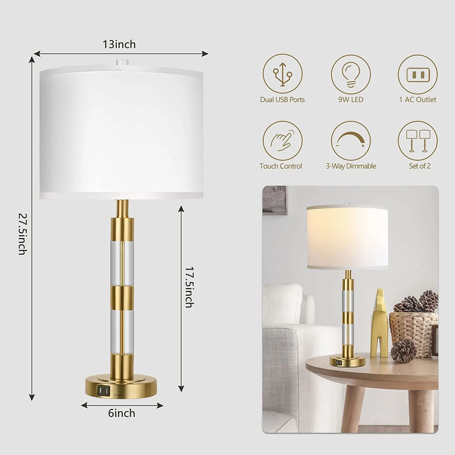 Touch Control Table Lamps for Living Room Set of 2, 27.5 Inches