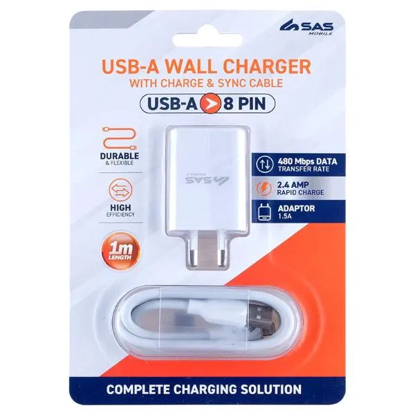 USB-A 8 Pin Wall Charger - 100cm