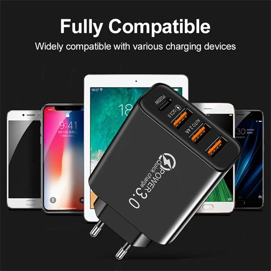 USB Wall Charger Block 4 Port PD QC Fast Power Adapter