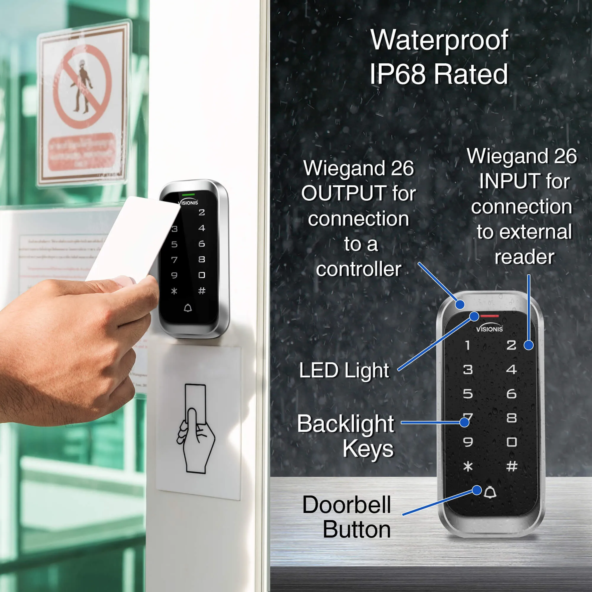 Visionis VIS-3003 - Access Control Indoor   Outdoor Rated IP68 Metal Anti Vandal Digital Touch Keypad   Reader Standalone with Mini Controller, Wiegand 26, Slim Design No Software EM Cards, 1000 Users