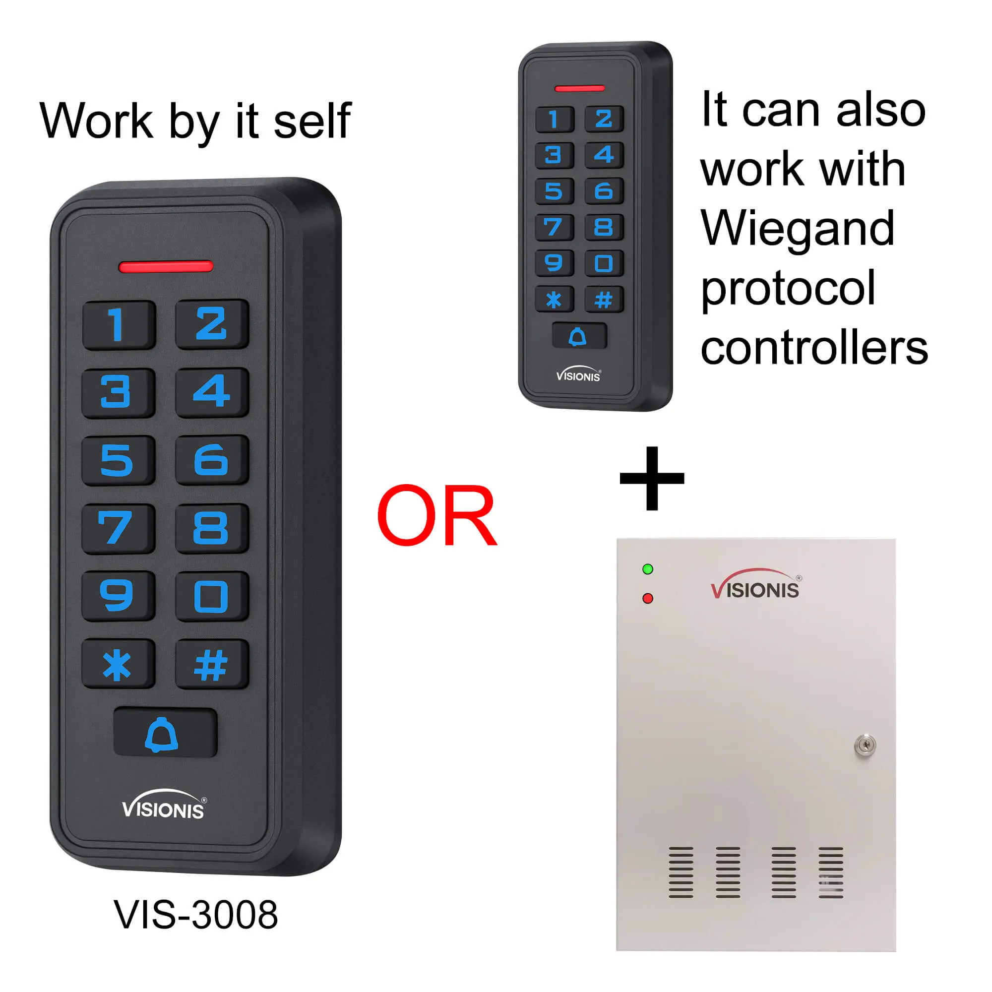 Visionis VIS-3008 - Access Control Black Outdoor IP68 Weatherproof Keypad and Card Reader Standalone with Mini Controller   Wiegand 26, No Software, Delay and On/Off Toggle Mode, EM Cards, 1000 Users