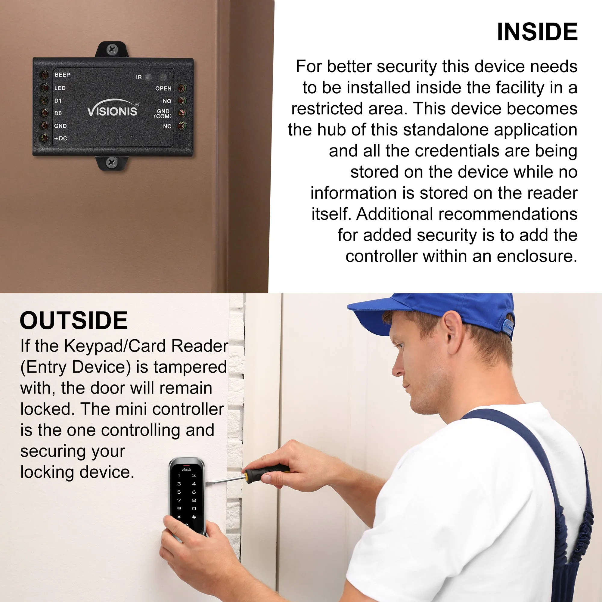 Visionis VIS-3022 - Access Control Outdoor Weatherproof Metal Housing Anti Vandal Digital Touch Keypad   Reader Standalone with Mini Controller   Wiegand 26, 125khz EM Cards with Doorbell, 1000 Users