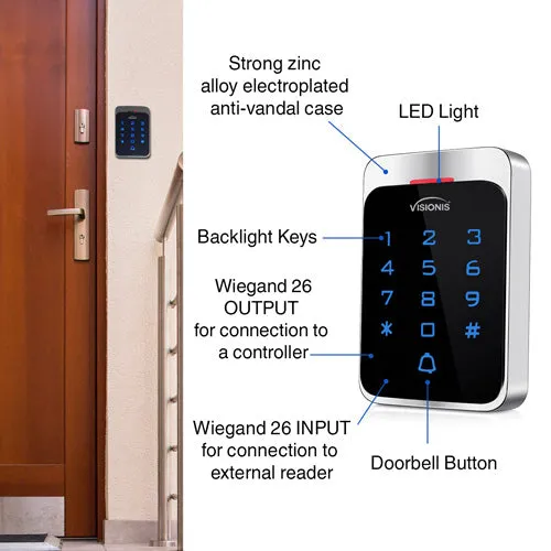 Visionis VIS-3022 - Access Control Outdoor Weatherproof Metal Housing Anti Vandal Digital Touch Keypad   Reader Standalone with Mini Controller   Wiegand 26, 125khz EM Cards with Doorbell, 1000 Users