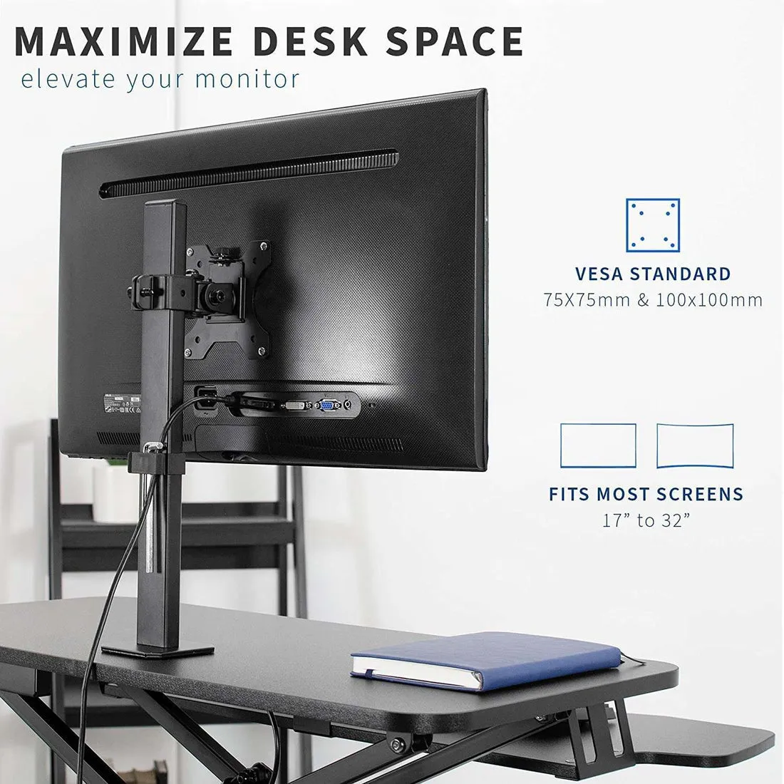 VIVO Height Adjustable 32 inch Standing Desk Converter with Single 17 to 32 inch Monitor Stand, Sit Stand Monitor Mount and Desk Riser, Black, DESK-V000K-M1