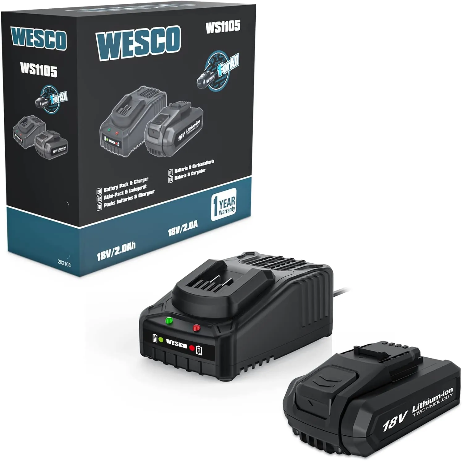 WESCO WS1105 Lithium-Ion Battery and Charger Set 18 V (18 V System, 2.0 Ah Battery, Charger, in Box)